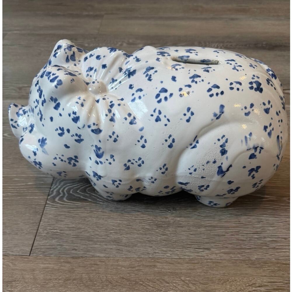 Antique vintage  Pottery blue Sponge Ware Large Piggy Bank